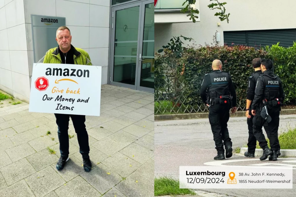 protest on September 12 2024 in Luxembourg under the slogan Amazon Give Back Our Money and Goods