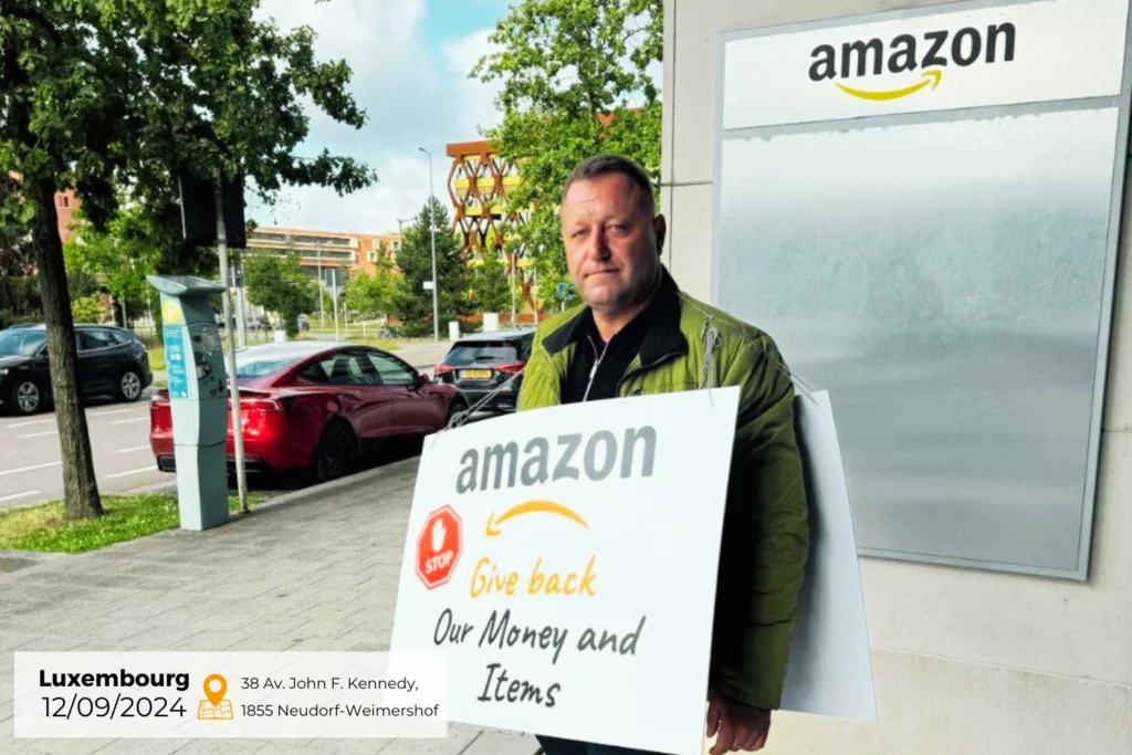 protest on September 12 2024 in Luxembourg under the slogan Amazon Give Back Our Money and Goods 2024